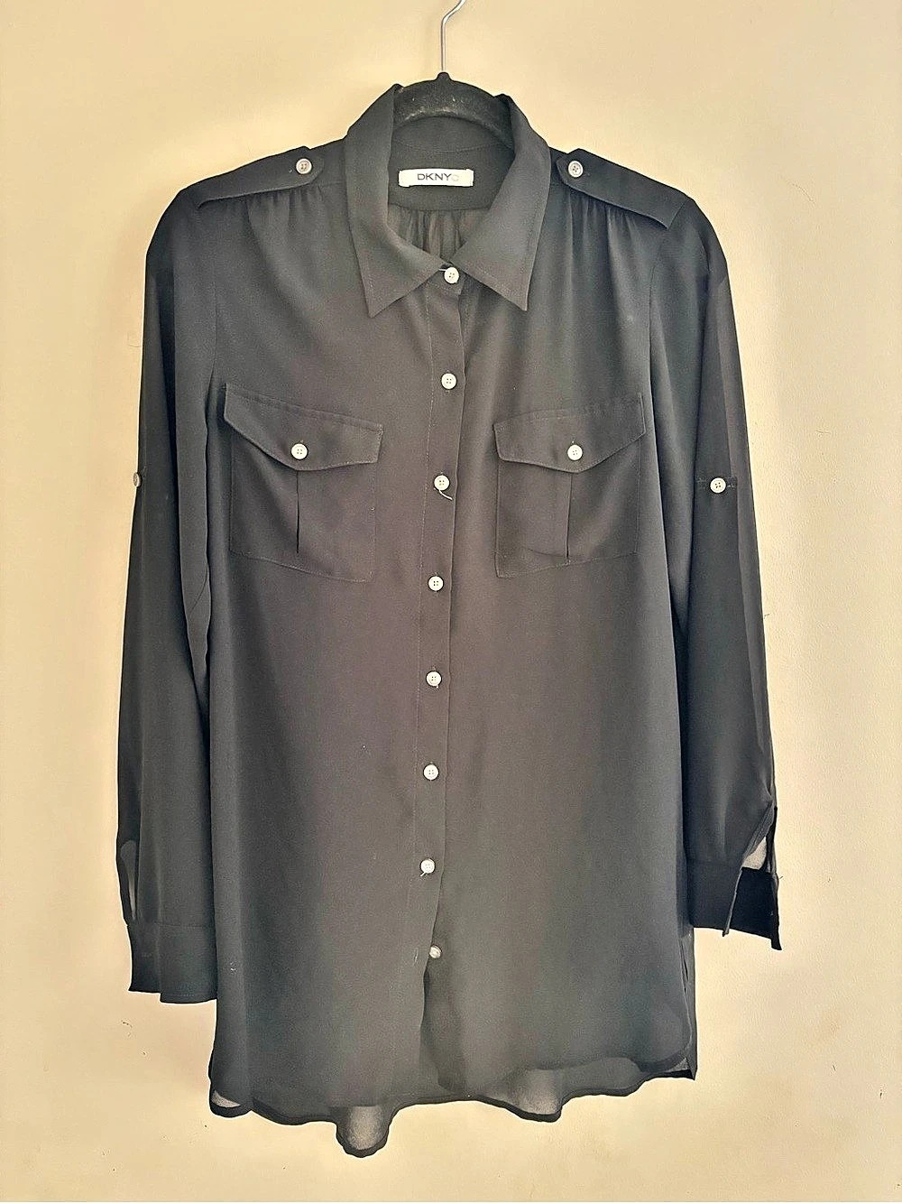 DKNY Sheer Black Button Down Blouse Like New